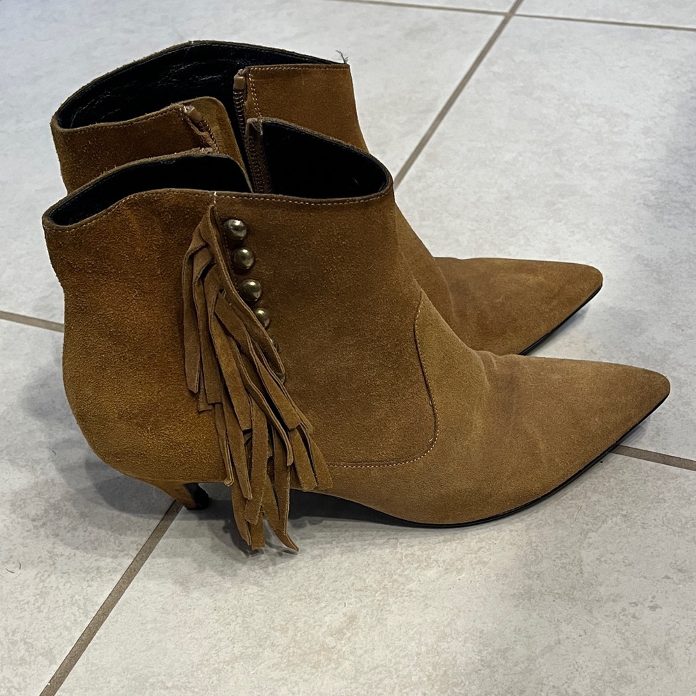 Yves Saint Laurent Tan Suede Ankle Boots with Fringe